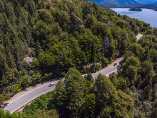 Bariloche. Road as a background from top view. Road in a forest  background from top view. Patagonia landscape from air. Travel background 