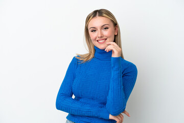 Young caucasian woman isolated on white background laughing