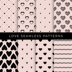 Set of vector black and old pink fashion seamless patterns for Valentine's Day. Collection of vintage love backgrounds - 554294529
