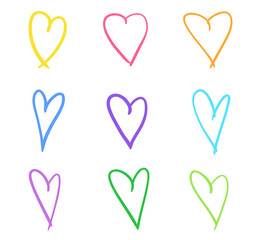 Colorful hearts on isolated white background. Hand drawn set of love signs. Unique abstract image for design. Line art creation. Colored illustration. Sketchy elements for poster or flyer