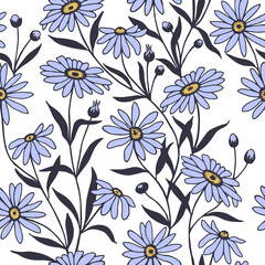 Chamomile flowers seamless pattern. Vector stock illustration eps10. Outline, isolate on white background. Hand drawn. 