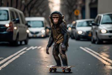 Cool monkey riding skateboard on the streets, Generative Ai illustration