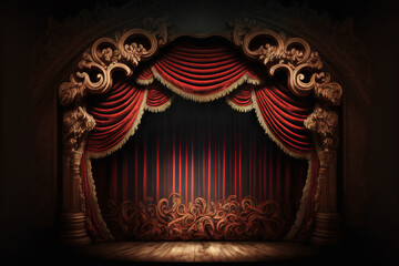 Theater stage with red curtains and spotlights, Ai generative illustration - obrazy, fototapety, plakaty