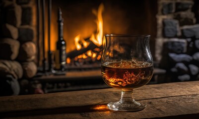 Glass of Whisky by the Old Stone Fireplace in Winter Cozy Evening. Generative AI.