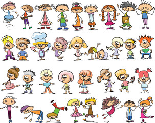 Happy children doodle set. Funny small kids play, run and jump. Set of elements in childish doodle style. Hand drawn illustration
