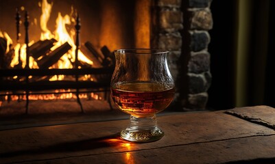 Glass of Whisky by the Old Stone Fireplace in Winter Cozy Evening. Generative AI.