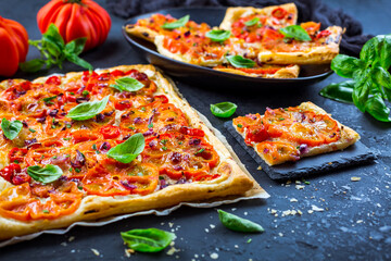 Tomato tart made with puff pastry, healthy vegetarian food