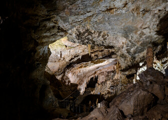 Bizarre and fabulous karst deposits, stalactites and stalagmites in the New Athos Cave in Abkhazia