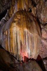 Bizarre and fabulous karst deposits, stalactites and stalagmites in the New Athos Cave in Abkhazia