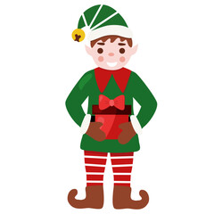 Cute Christmas elf with gift box, winter holidays character, design template element, vector