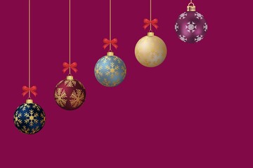 Colorful Christmas balls on a dark purple background. Christmas and New Year concept. Invitation or greeting card. Copy space.