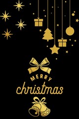 Golden Christmas decoration on a black background. The concept of Christmas greeting cards. Merry Christmas and Happy New Year.