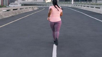 Fitness, freedom and black woman running in city street for health and weight loss. Exercise, motivation and plus size woman runner training in cardio, strength and body care on healthy urban workout - Powered by Adobe