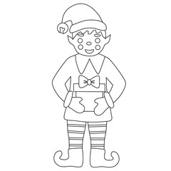 Cute Christmas elf with gift box, doodle style flat vector outline for kids coloring book