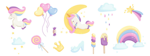 Cute rainbow unicorn unicorn clipart. Cartoon vector graphics.