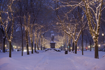 Park and trail covered in snow and illuminated by white lights in wintertime with a monument along the tree-lined trail; Boston, Massachusetts, United States of America