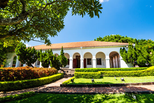 View of Former Tamsui Customs Officer's Residence in New Taipei City, Taiwan. It's a white building built in a U.K colonial style nicknamed Little White House.