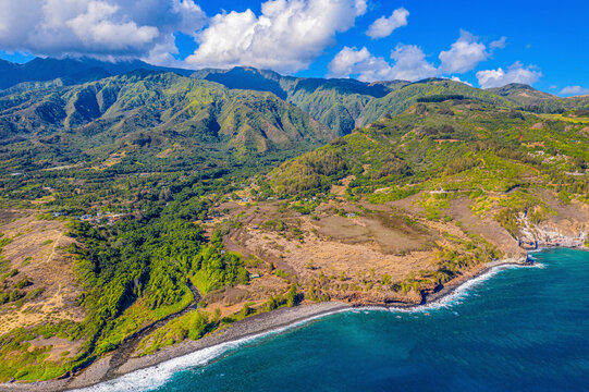 Aerial view of the rugged coastline of Waihee Ridge in the West Maui Mountains; Maui, Hawaii, United States of America
