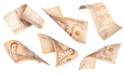Bank 1000 baht. Falling money isolated on white background, Thailand cash - obrazy, fototapety, plakaty