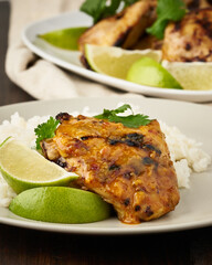 Grilled chicken thighs with lime and cilantro over rice.