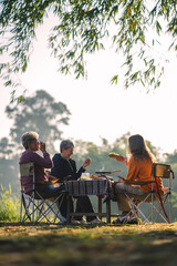 Obraz na płótnie Canvas woman family having fun with food of picnic camp in the nature morning, summer travel vacation lifestyle of mother and girl at adventure forest park landscape in holiday, outdoors activity breakfast