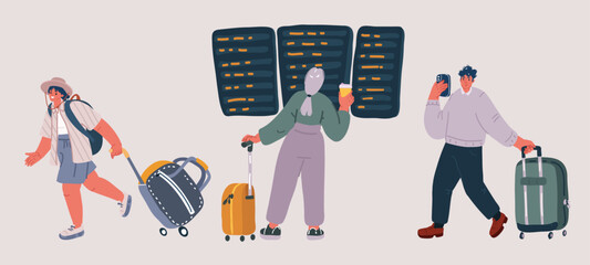 Cartoon Color Characters People Looking at Schedule Board Concept Flat Design Style. Vector illustration of Tourists with Luggage