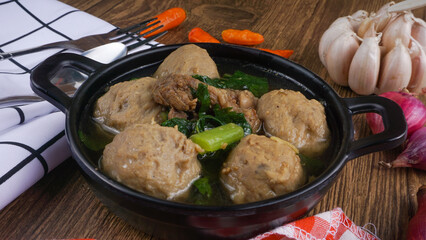 Selectiive focus - Bakso or Meatball in pan. Popular Indonesian street food