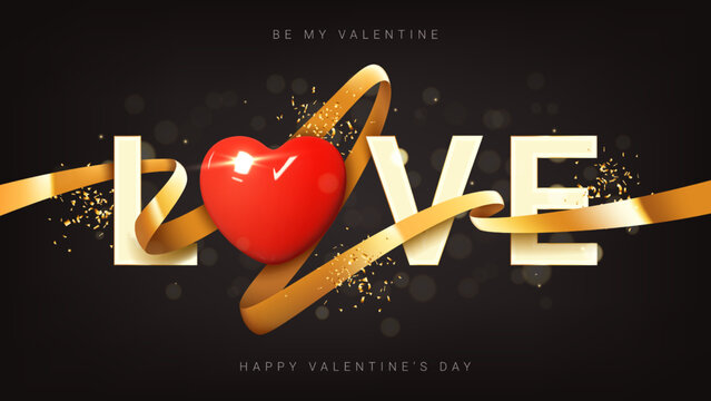 Happy Valentine's Day banner. Word Love with 3d realistic red heart, golden ribbon and confetti. Vector illustration for decoration of Valentine's Day events, banners, posters and flyers.