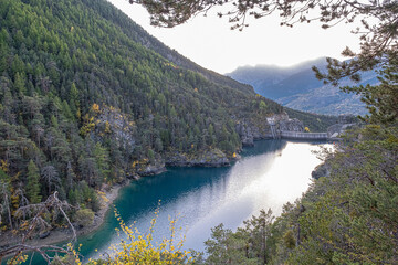 Fototapeta na wymiar Lac Pont Baldy, a mountain lake in Briancon, Hautes-Alpes, France