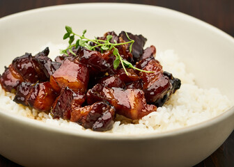Pork Belly Rillons over rice with thyme garnish