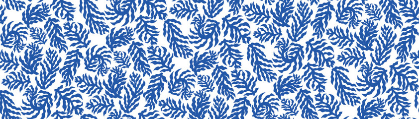 Blue abstract leaves design inspired by Matisse. Abstract foliage, jungle, minimalist, modern. Ideal for textile printing or decoration on object. Vector illustration.
