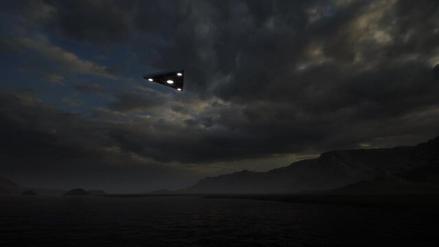3D-rendering. Triangular ufo hung in the sky in the evening	