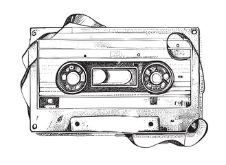 Audio cassette sketch hand drawn vintage music Vector illustration - obrazy, fototapety, plakaty