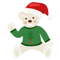 Cute white bear in Santa hat and sweater with Christmas tree, winter holidays character, vector