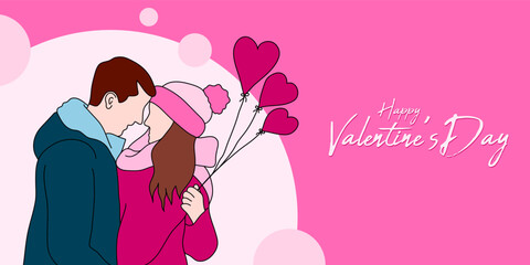 Happy Valentine's Day Banner design with couple flat illustration