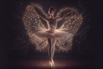 Ethereal ballerina radiates magic in a sparkling, gossamer gown, her poise casting a spell of elegance against the dark, mystic backdrop.generative ai