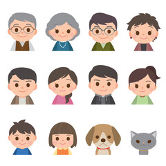 いろいろな年齢の人物の顔　ペット　セット