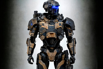 Fototapeta premium Robots. Soldier Robot hyper realistic. Conceptual project 2025. Futuristic interpretation. Illustration for advertising, cartoons, games, blockbusters, print media. My collection.