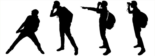 A guy with a backpack behind his back and binoculars in his hands, observes, points forward with his hand and finger. Side view, profile. Four black silhouettes isolated on white. Rescuer. Pull.