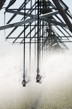 Close-up of sprinkler heads spraying a field; Mossleigh, Alberta, Canada
