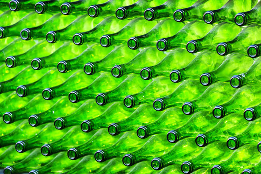 Close-up of stacked green glass bottles in rows; Cochem, Germany