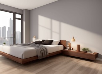Corner of Scandinavian style master bedroom with grey walls, wooden floor, comfortable king size bed with white and gray bedding and big window with blurry cityscape. 3d rendering