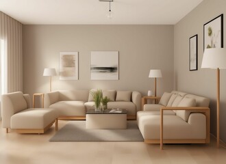Mock up a spacious living room with a large corner sofa 3d rendering.