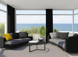 Fototapeta na wymiar Modern living room with white walls, concrete floor, panoramic windows, gray sofa standing near black coffee table and a potted plant. 3d rendering
