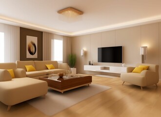 Naklejka na ściany i meble Open plan of a relaxing area with couches, coffee table and TV set