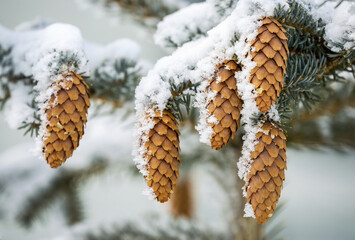 Close-up of frosted long spruce cones and needles on a tree; Calgary, Alberta, Canada