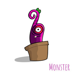 Hand Drawn Cartoon Doodle Purple Monster in the Pot. Flat Style