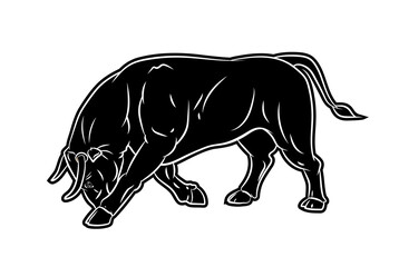 Large wild animal buffalo, black and white image. Vector drawing.