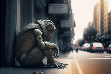 Cute and sad alien monster sitting on the street of a big city. Paled colors, moody, fantasy, aliens invasion