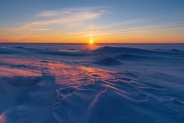 Sunset over the frozen sea. Pörkenäs, Jakobstad/Pietarsaari. Finland